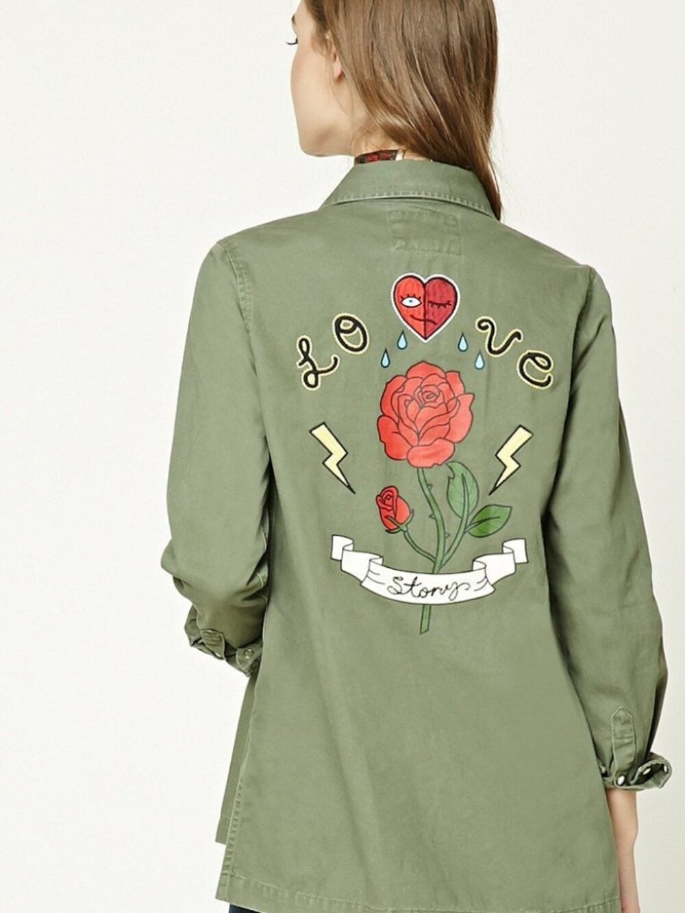 Forever 21 Olive Red Love Story Graphic Shirt Jacket Small S